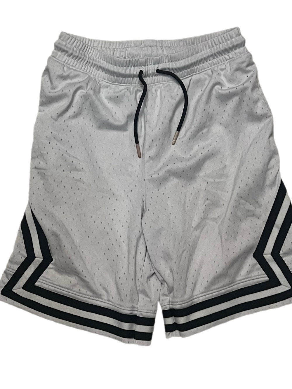 Jordan White Athletic Mesh Shorts with Black Drawstring and Stripe Hem